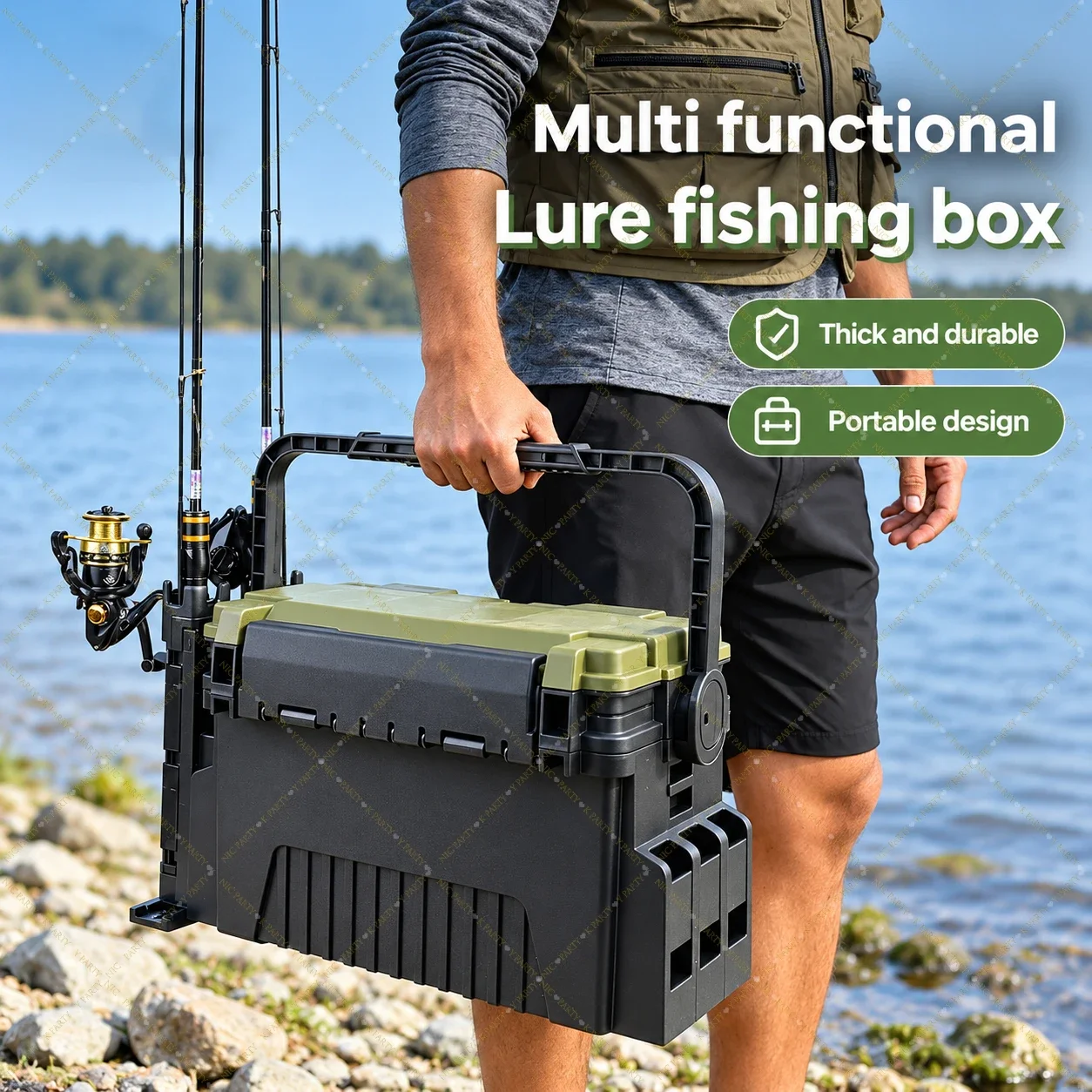 大容量の釣り道具箱。2層構造でルアーを収納でき、ロッドホルダ - Fishing Kayak Crate のレビューと価格